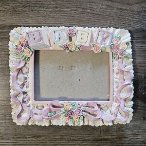 Vintage 1991 Pastel Pink Ribbon & Frill Baby Blocks Floral Picture Frame